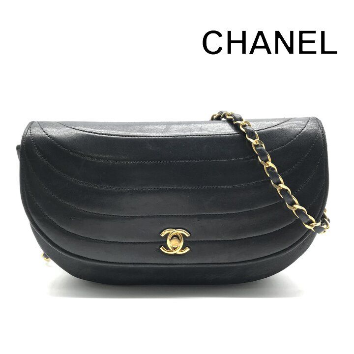 Chanel CC Logo Half Moon Turnlock Leather Chain Shoulder Bag Black