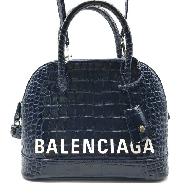 Balenciaga Croco Embossed Leather Logo Ville Top Handle 2-Way Bag Navy