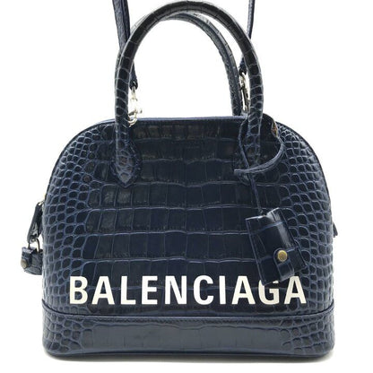 Balenciaga Croco Embossed Leather Logo Ville Top Handle 2-Way Bag Navy
