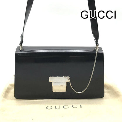 Gucci Shoulder Bag Crossbody Leather Black Metal Plate Simple