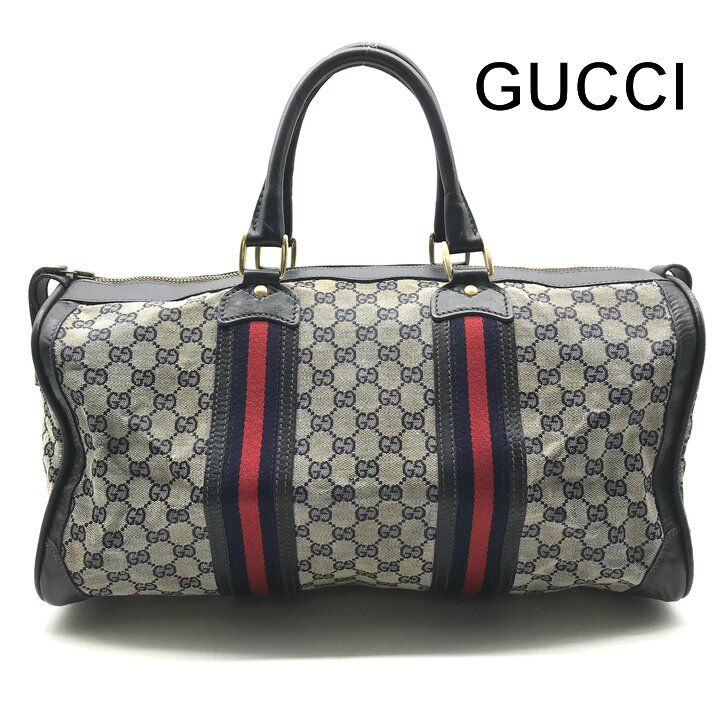 Gucci GG Canvas Leather Sherry Hand Boston Bag Navy