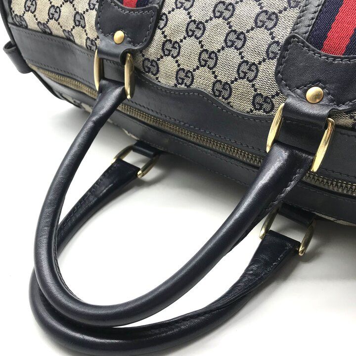 Gucci GG Canvas Leather Sherry Hand Boston Bag Navy — view 7