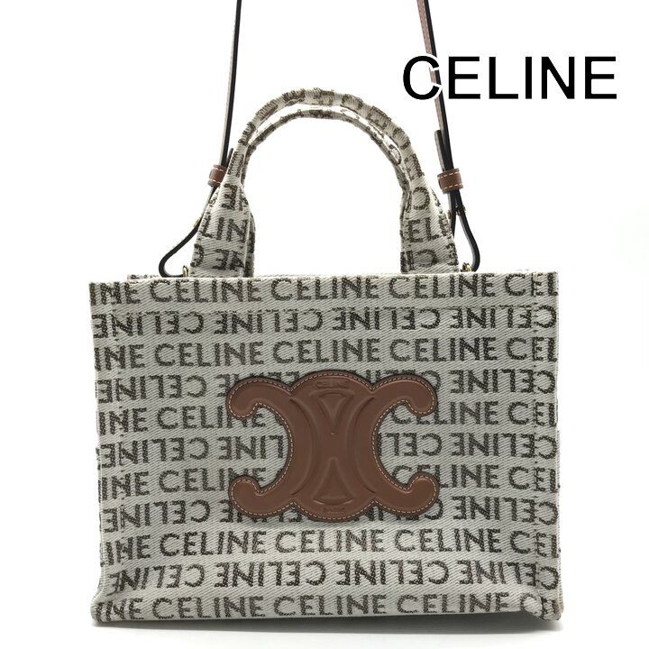 Celine Triomphe Logo Small Cabas Thais Textile 2-Way Bag Brown