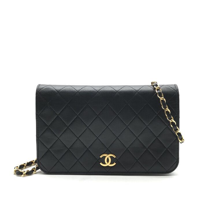 Chanel CC Logo Quilted Chain Shoulder Bag Push Lock Lambskin Black