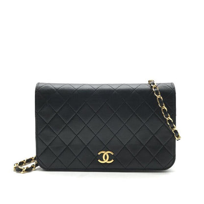 Chanel CC Logo Quilted Chain Shoulder Bag Push Lock Lambskin Black