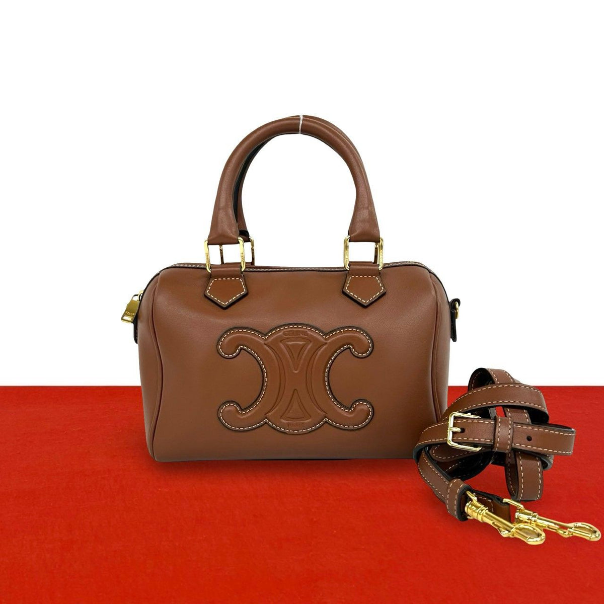 Celine Cuir Triomphe Leather 2-Way Mini Boston Bag Brown