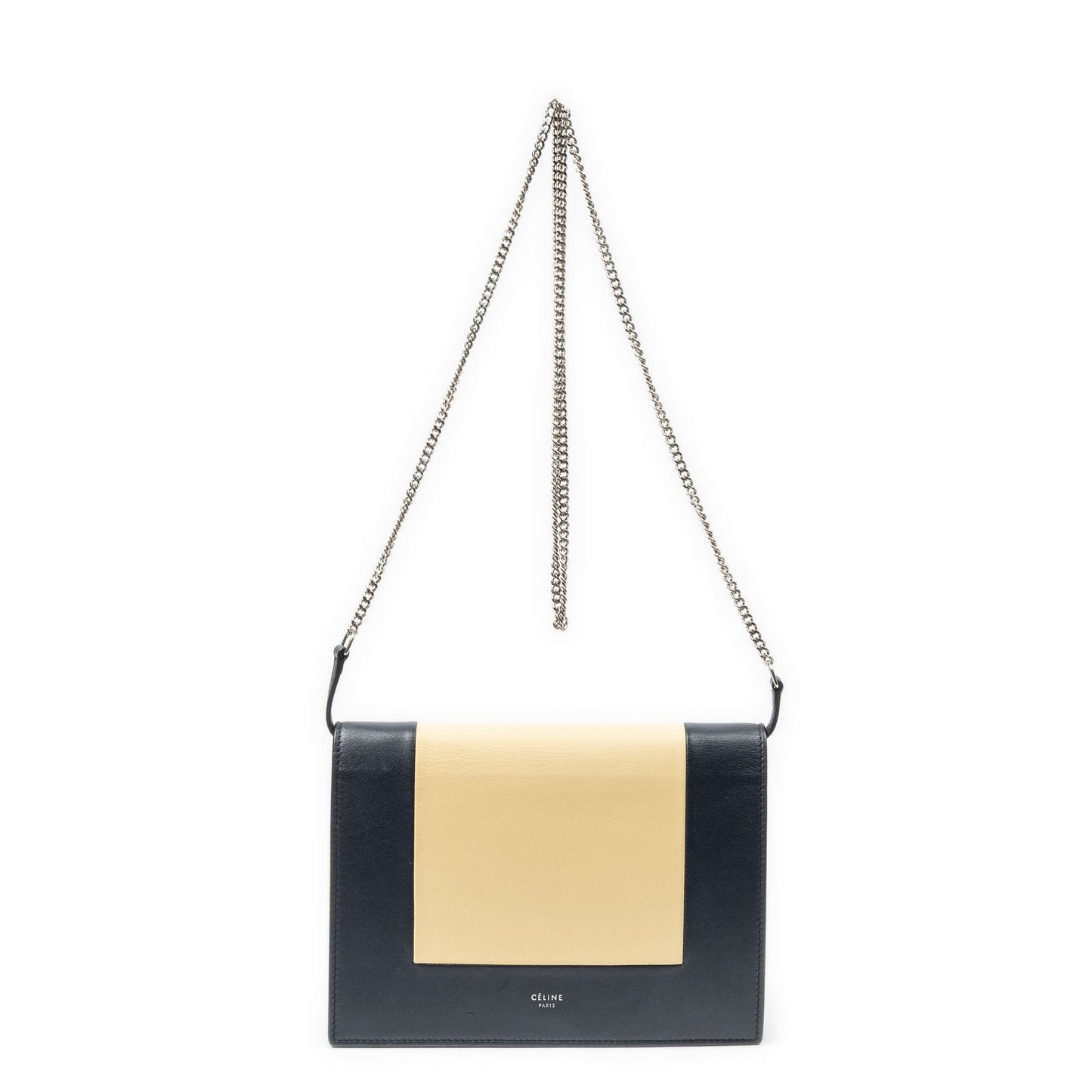 Celine Frame Evening Chain Clutch Navy Beige Calfskin Leather