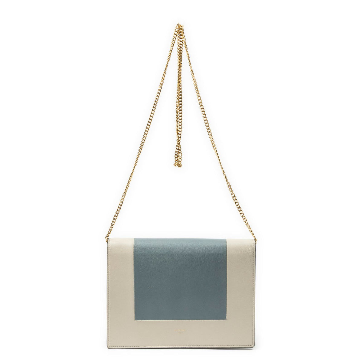 Celine Frame Evening Chain Clutch Beige Gray Calfskin Leather