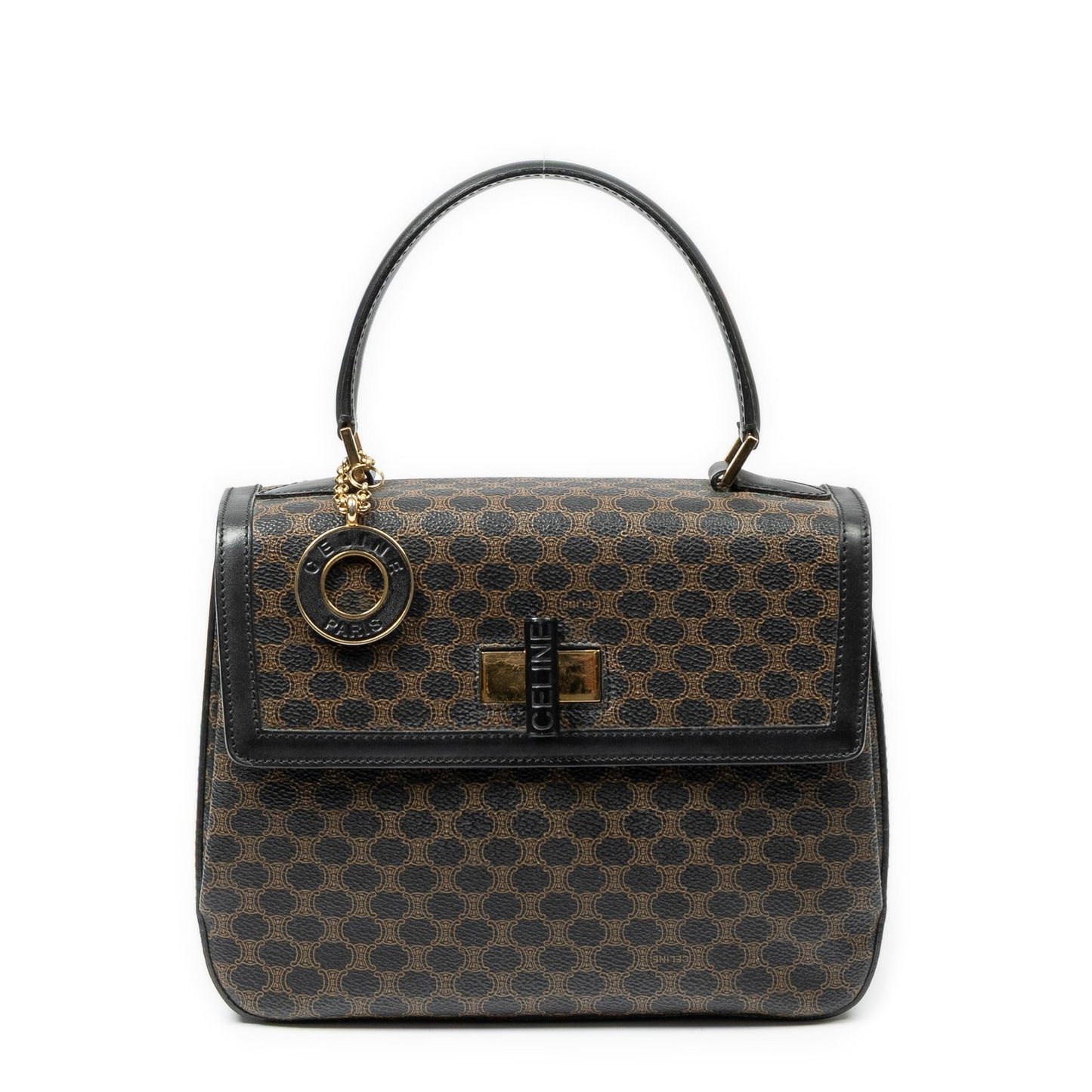 Celine Vintage Turnlock Charm Top Handle Bag Brown Black Macadam Canvas