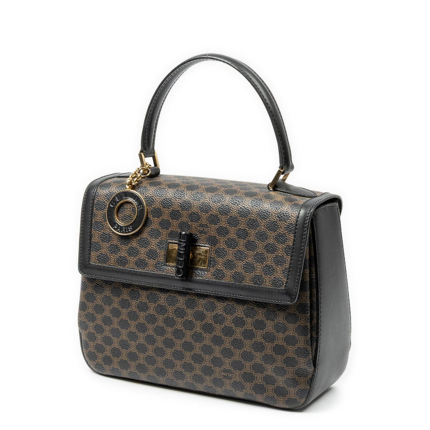 Celine Vintage Turnlock Charm Top Handle Bag Brown Black Macadam Canvas — view 2