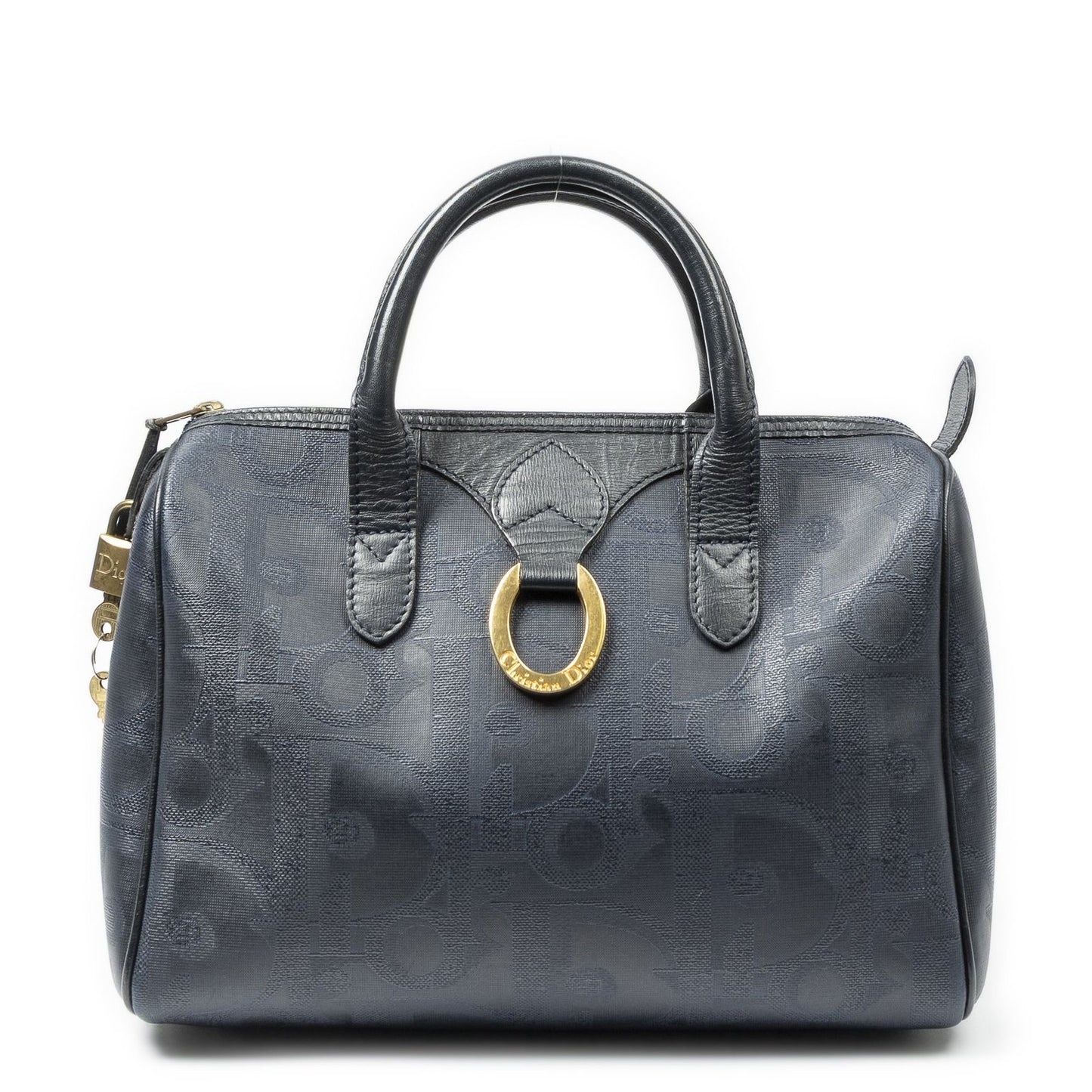 Dior Small Boston Navy Maxi Trotter Pattern Canvas Handbag