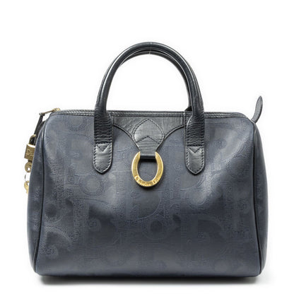Dior Small Boston Navy Maxi Trotter Pattern Canvas Handbag
