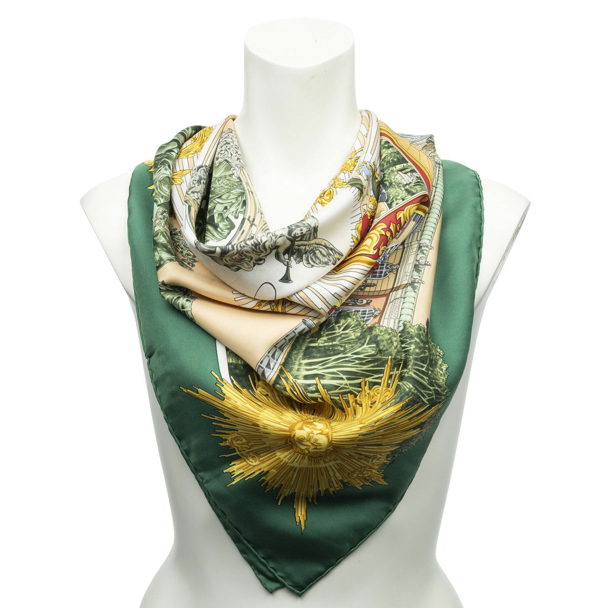 Hermes Scarf Green Beige Gold Silk