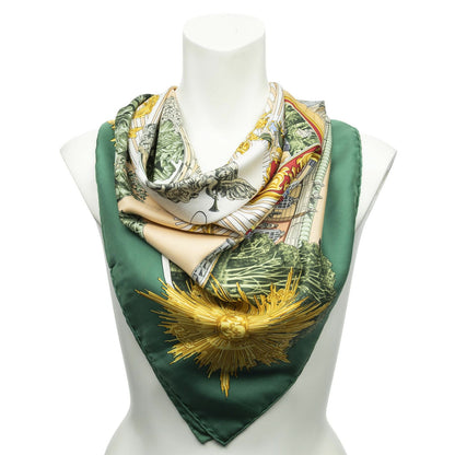 Hermes Scarf Green Beige Gold Silk