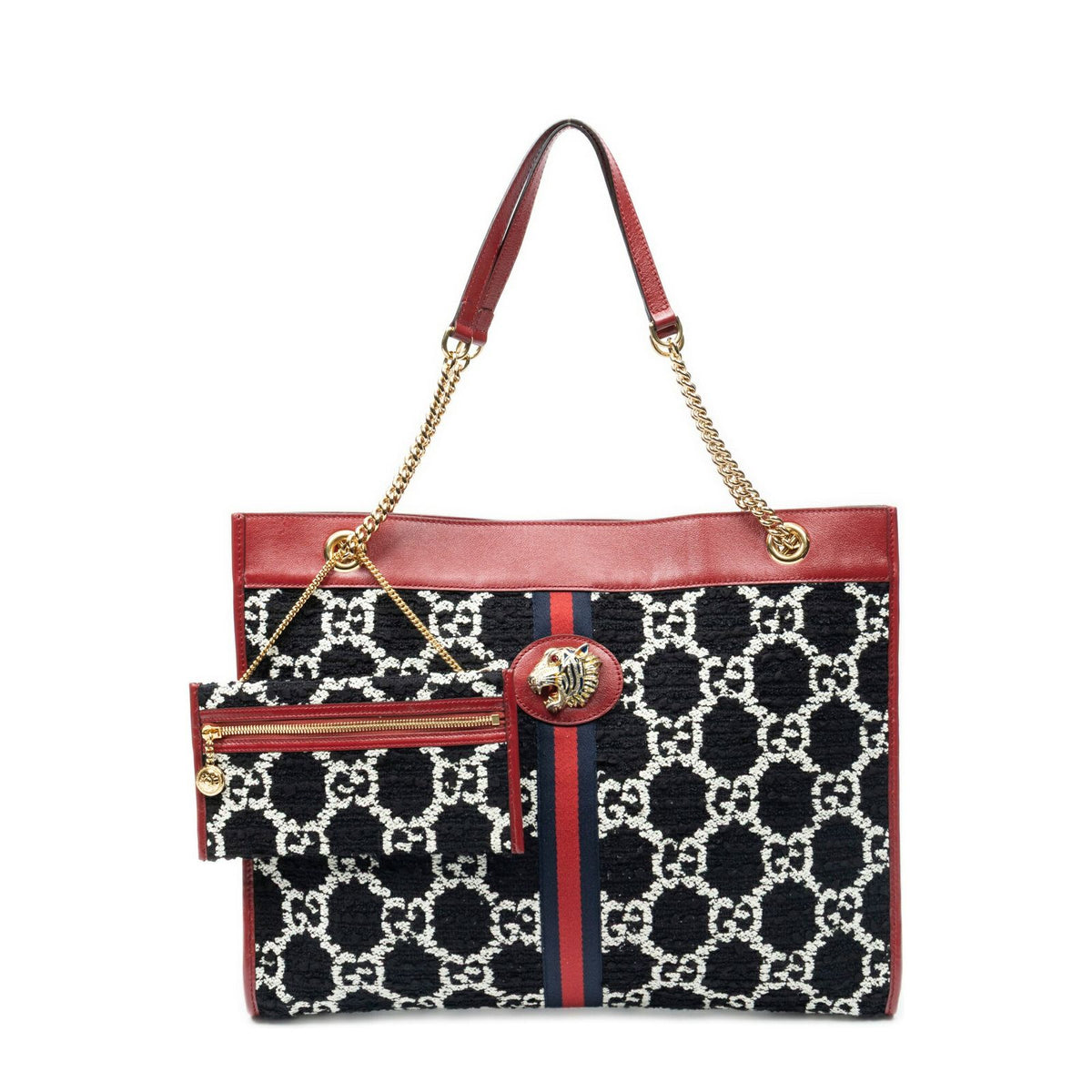Gucci Rajah Tweed Chain Large Tote Red Black