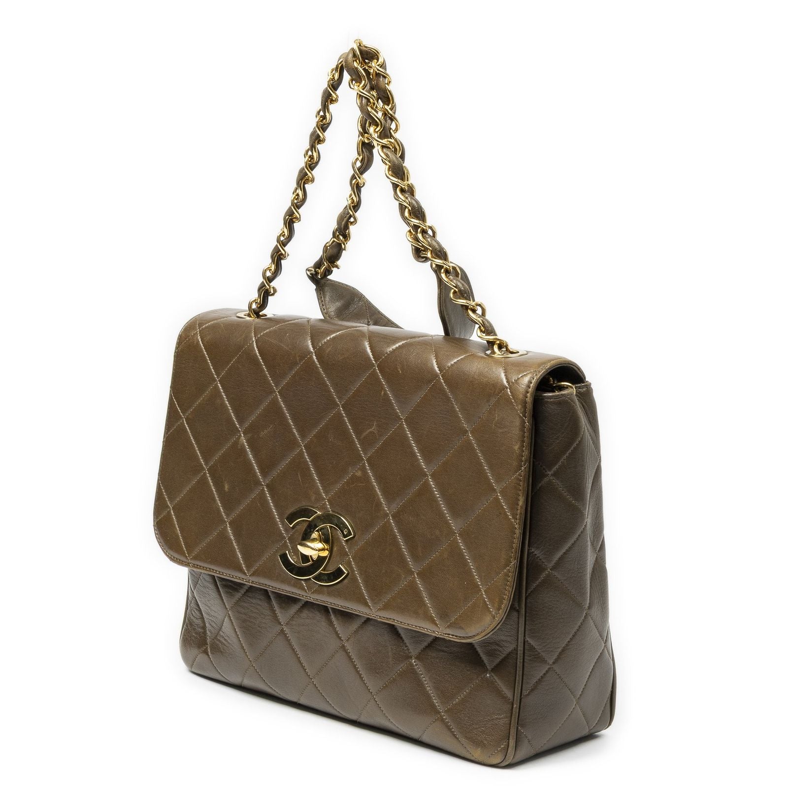 Chanel CC XL Jumbo Square Flap Bag Olive Green Quilted Lambskin Leather — view 2