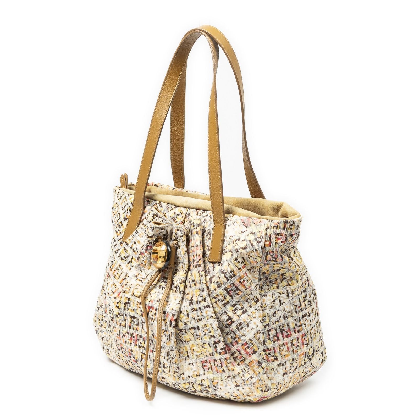 Fendi Drawstring Tote Beige Floral Print Zucchino Canvas — view 2