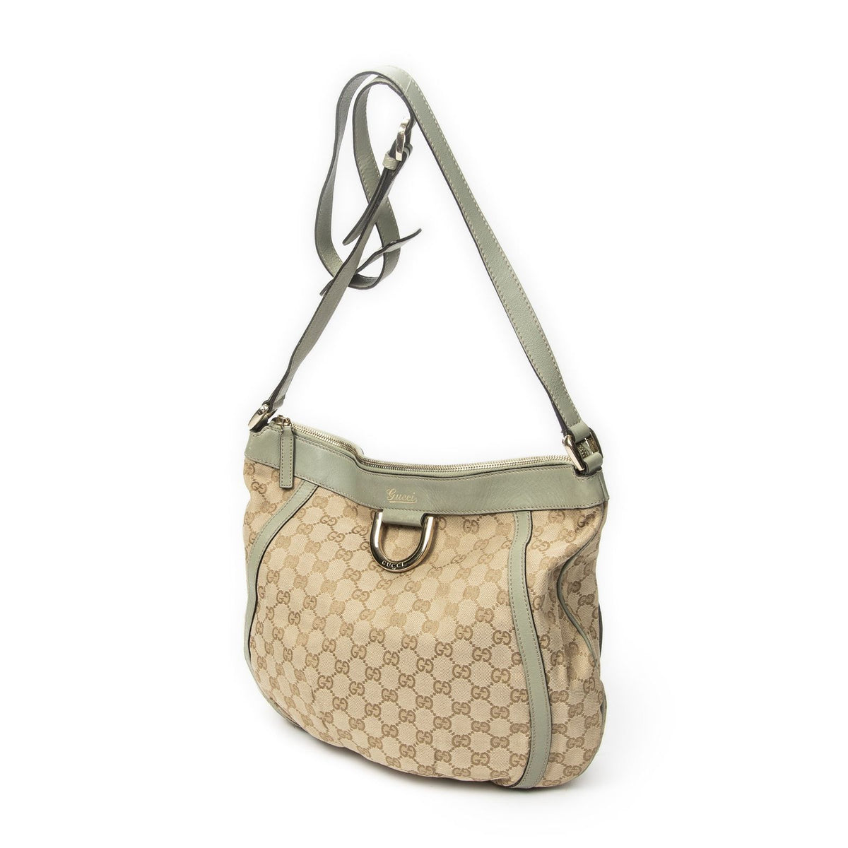 Gucci Large Shape D-ring Abbey Messenger Beige Light Green GG Canvas — view 2