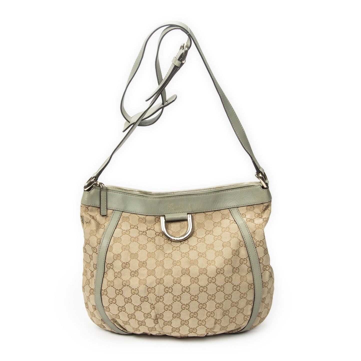 Gucci Large Shape D-ring Abbey Messenger Beige Light Green GG Canvas