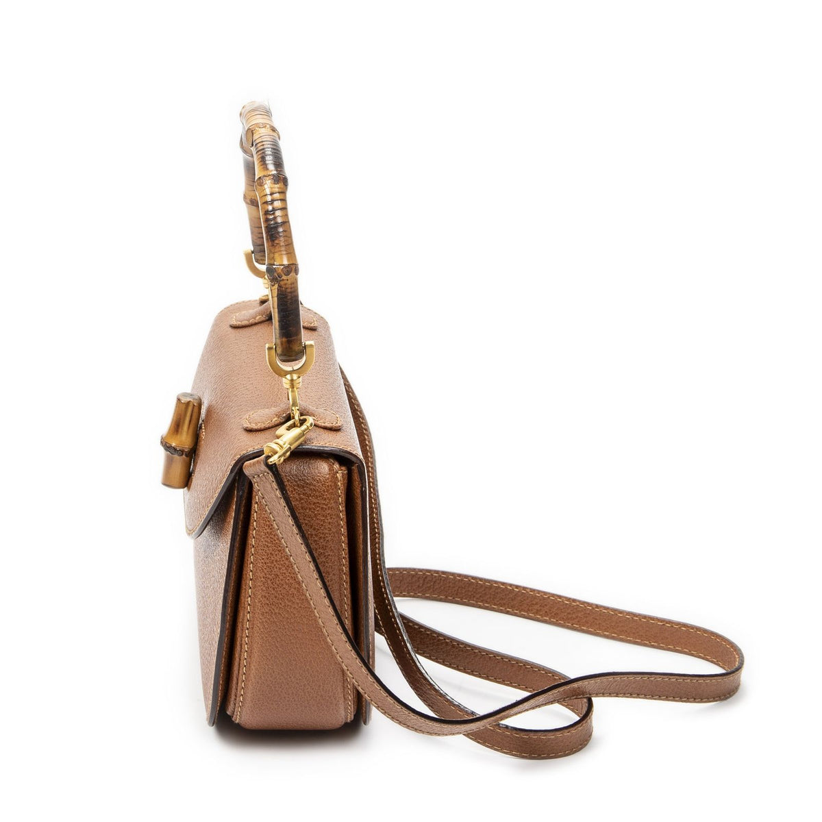 Gucci Small Bamboo Top Handle Flap Bag Brown Grain Calfskin Leather — view 3