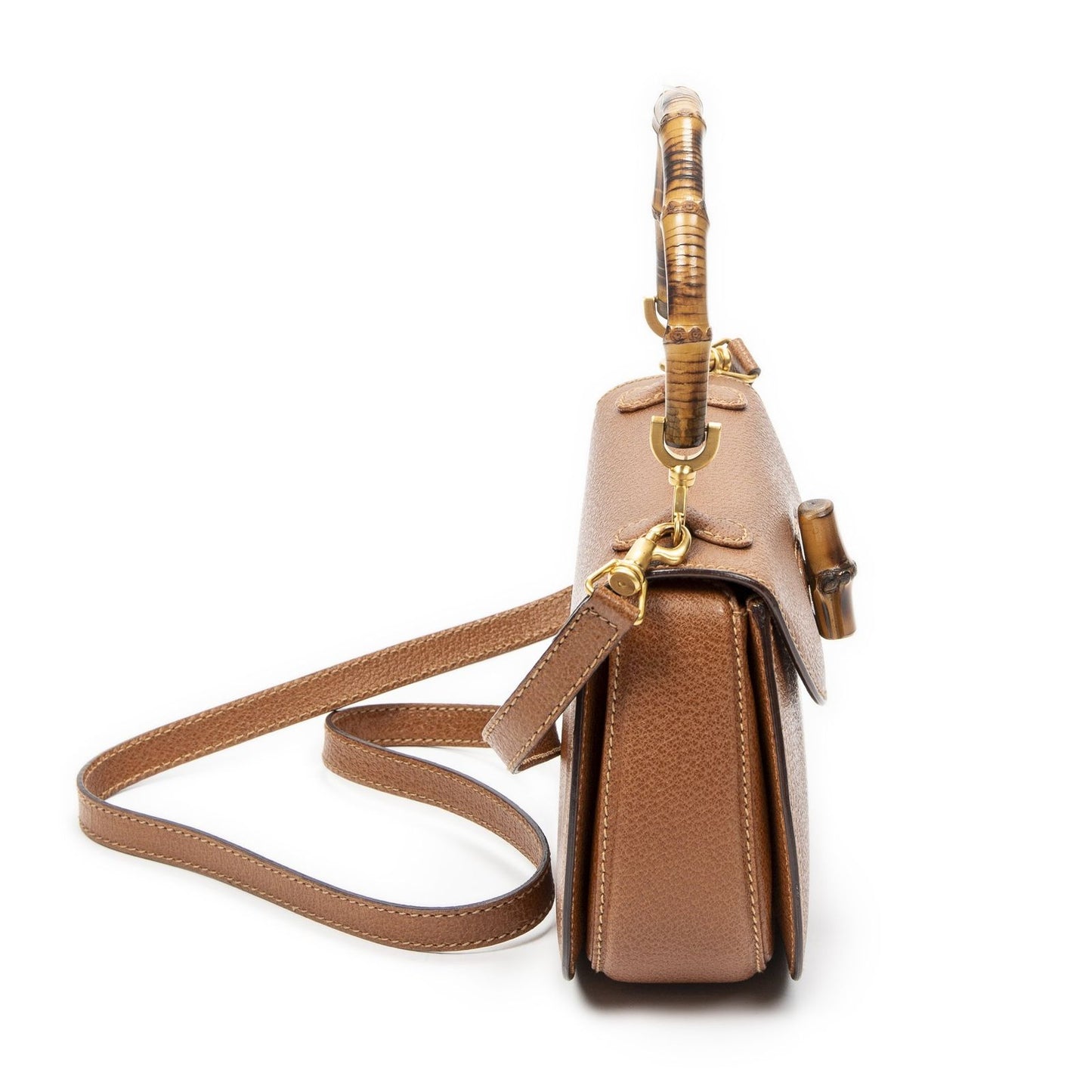 Gucci Small Bamboo Top Handle Flap Bag Brown Grain Calfskin Leather — view 4