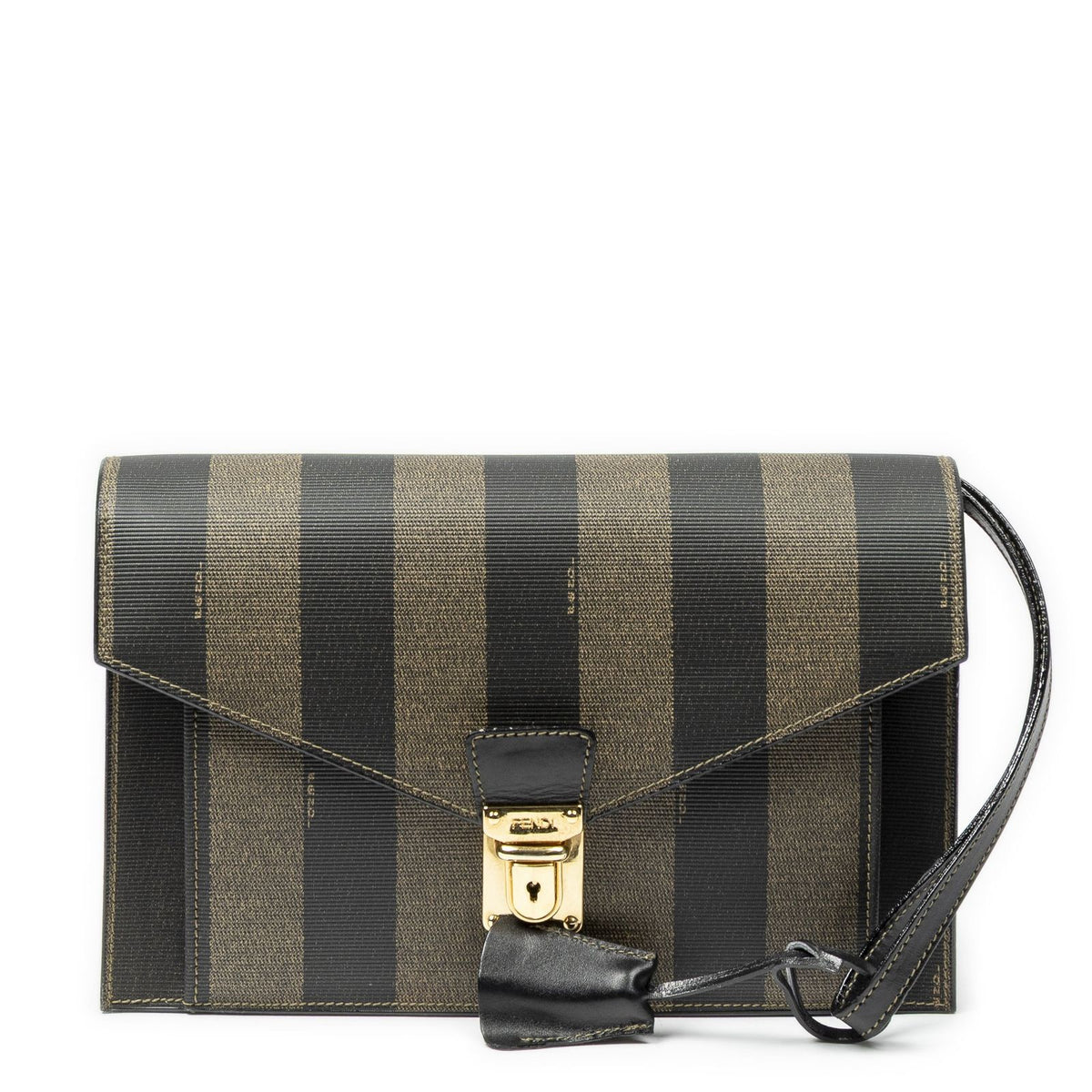 Fendi Vintage Flap Clutch Brown Black Pecan Stripe Canvas