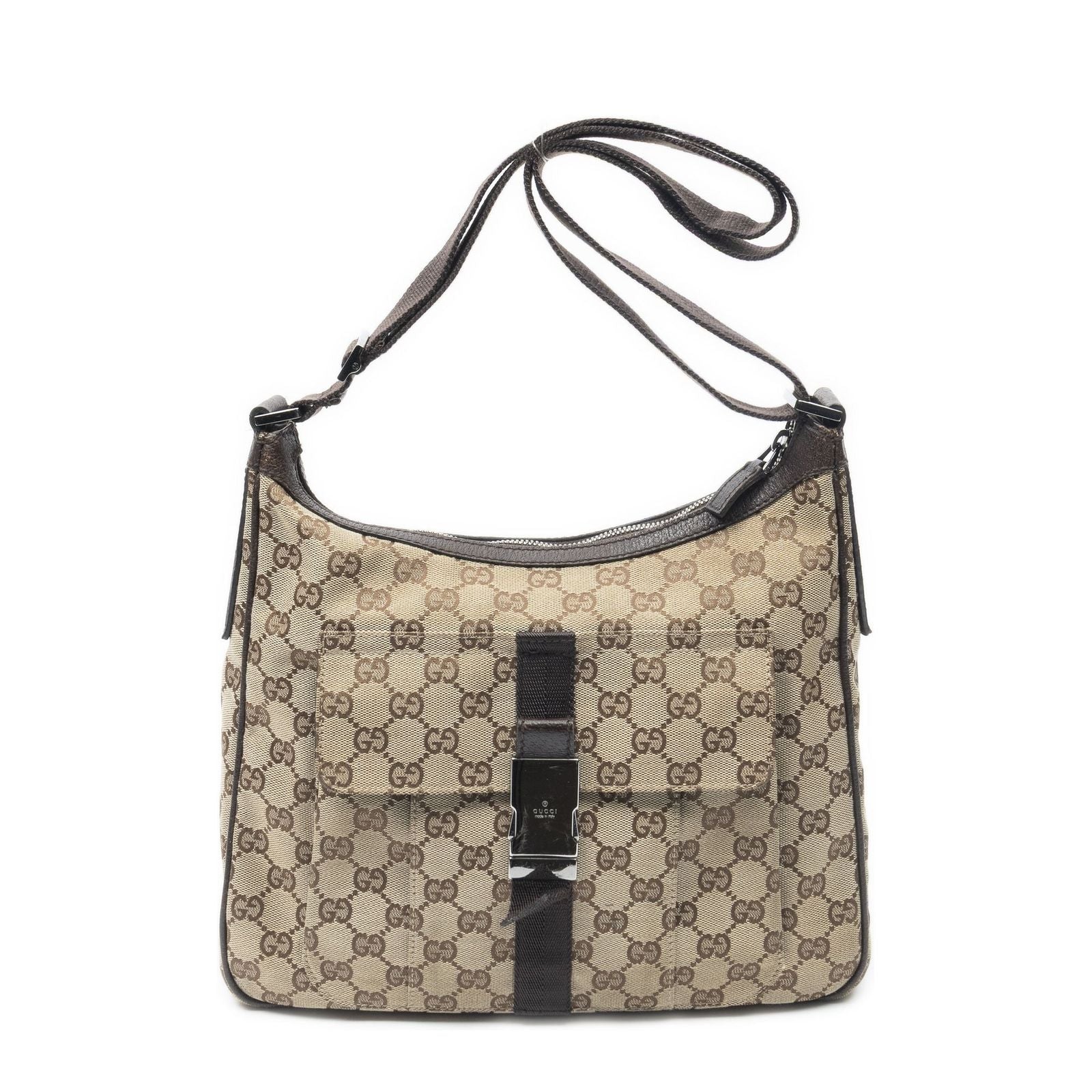 Gucci Front Buckle Messenger Bag Beige Brown GG Canvas