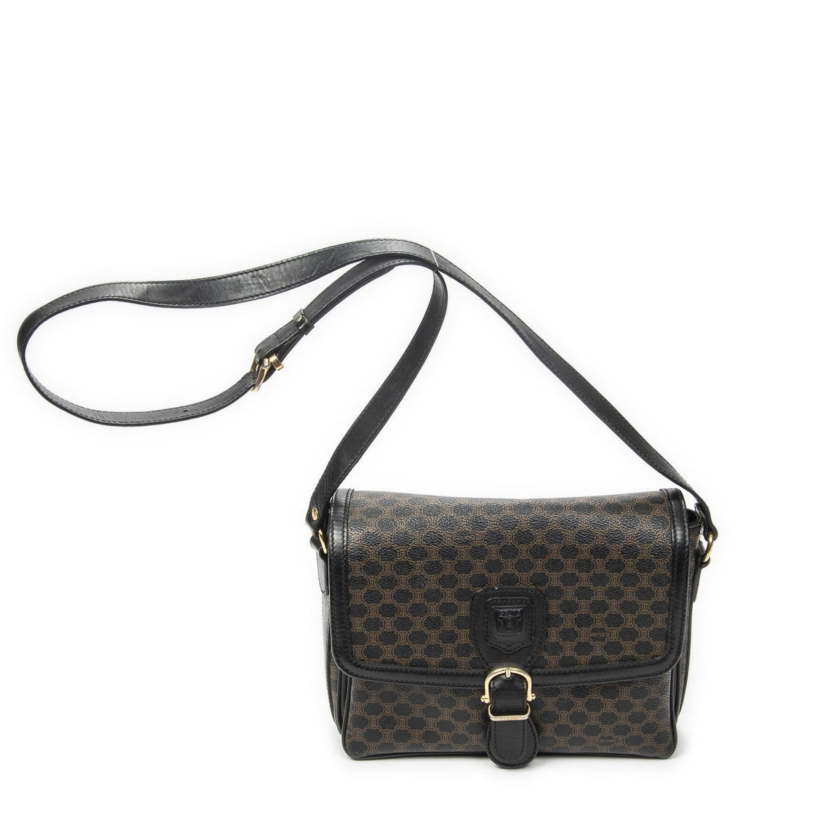Celine Small Buckle Flap Bag Crossbody Black Macadam Canvas
