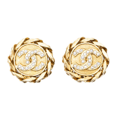 Chanel CC Rhinestone Chain Clip on Earrings Gold Plated