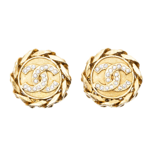 Chanel CC Rhinestone Chain Clip on Earrings Gold Plated