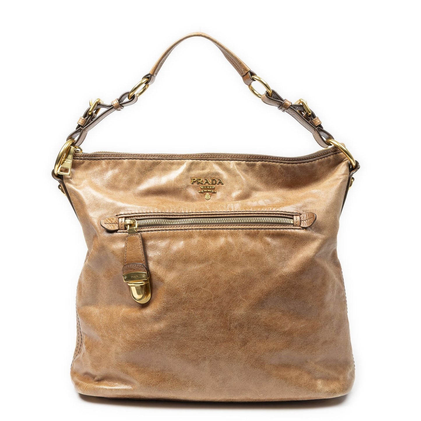 Prada Large Pocket Ring Hobo Brown Vitello Luxe