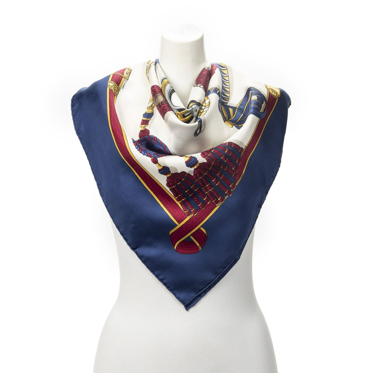 Hermes Scarf Navy Red Yellow Twill Silk
