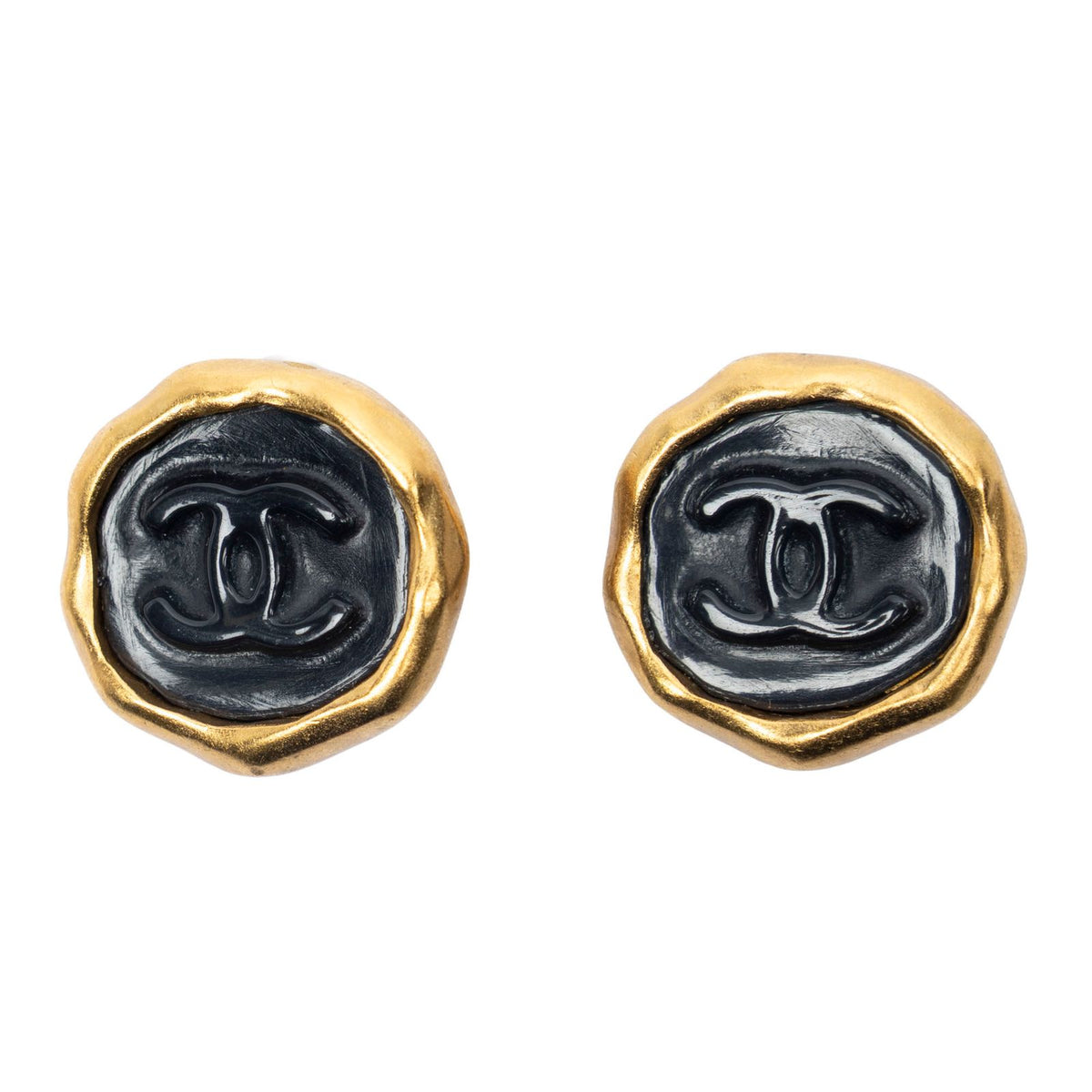 Chanel CC Logo Heart Clip-On Earrings Black Gold Plated