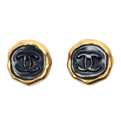 Chanel CC Logo Heart Clip-On Earrings Black Gold Plated