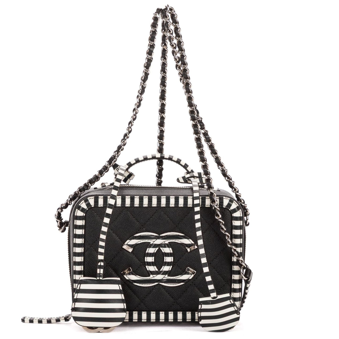 Chanel Small CC Filigree Vanity Case Bag Black White Quilted Cavalli Lambskin