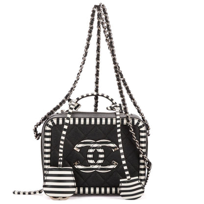 Chanel Small CC Filigree Vanity Case Bag Black White Quilted Cavalli Lambskin