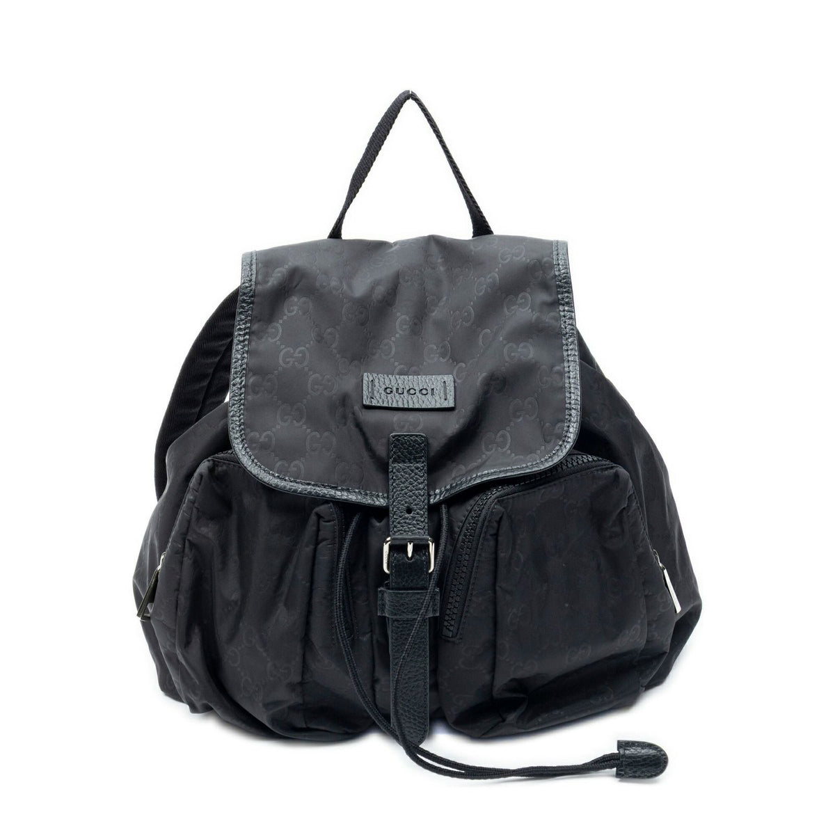 Gucci Drawstring Flap Backpack Black Guccissima Nylon