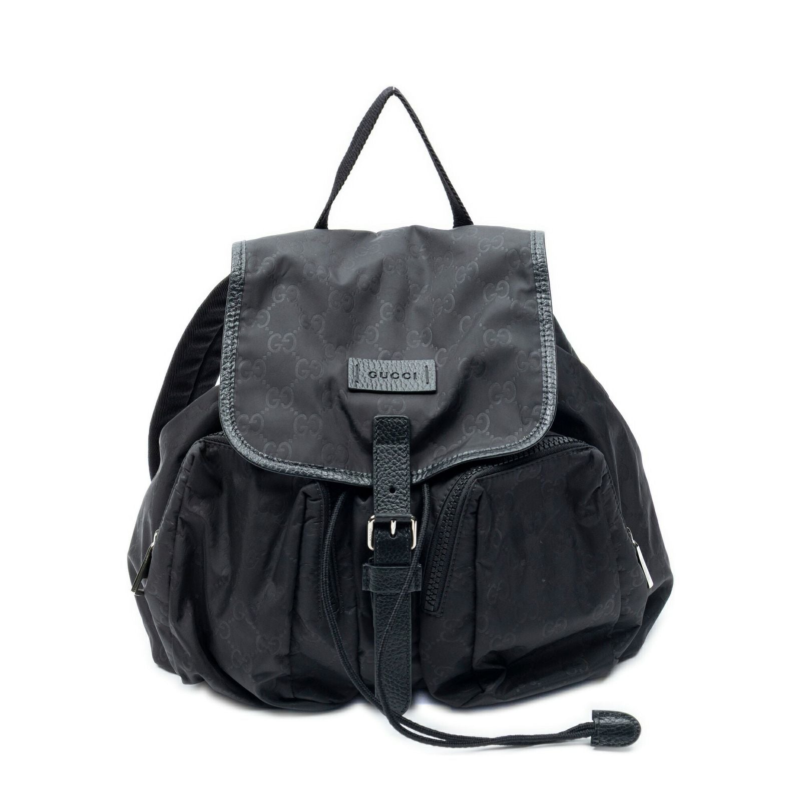 Gucci Drawstring Flap Backpack Black Guccissima Nylon