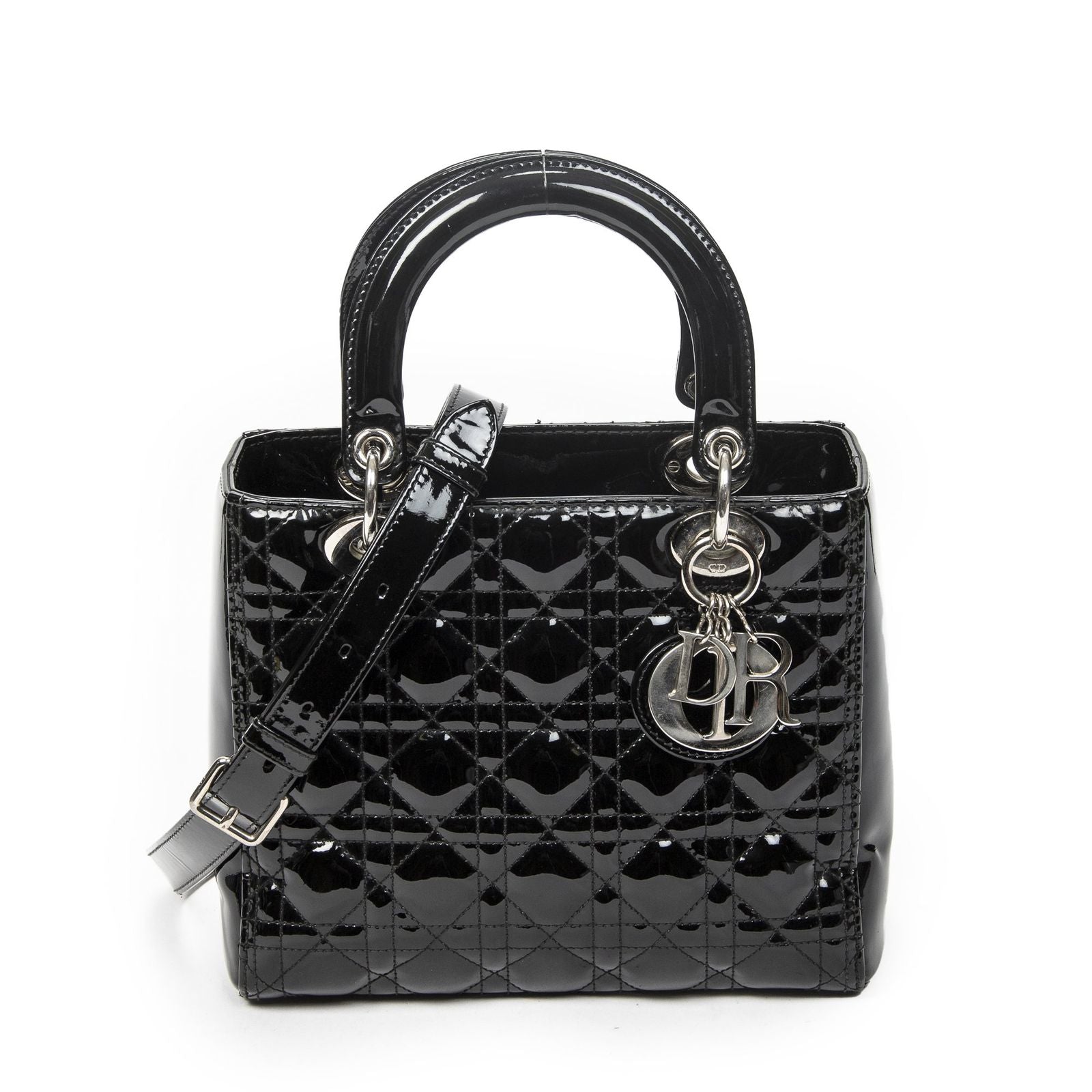 Dior Medium Lady Dior Zip Black Cannage Patent Leather Handbag
