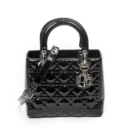 Dior Medium Lady Dior Zip Black Cannage Patent Leather Handbag