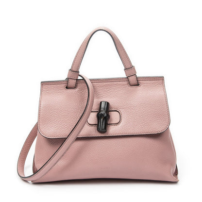 Gucci Small Bamboo Top Handle Flap Bag Pink Grain Calfskin Leather