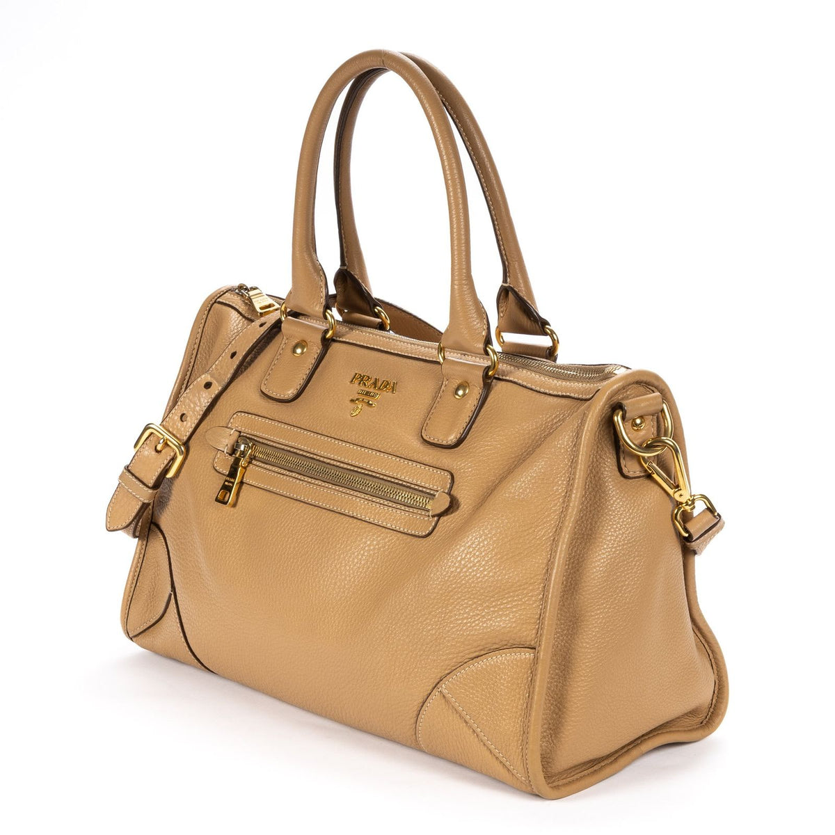 Prada Medium Bauletto Boston Light Brown Vitello Phoenix Shoulder Bag — view 2