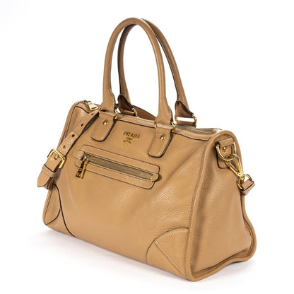 Prada Medium Bauletto Boston Light Brown Vitello Phoenix Shoulder Bag — view 2