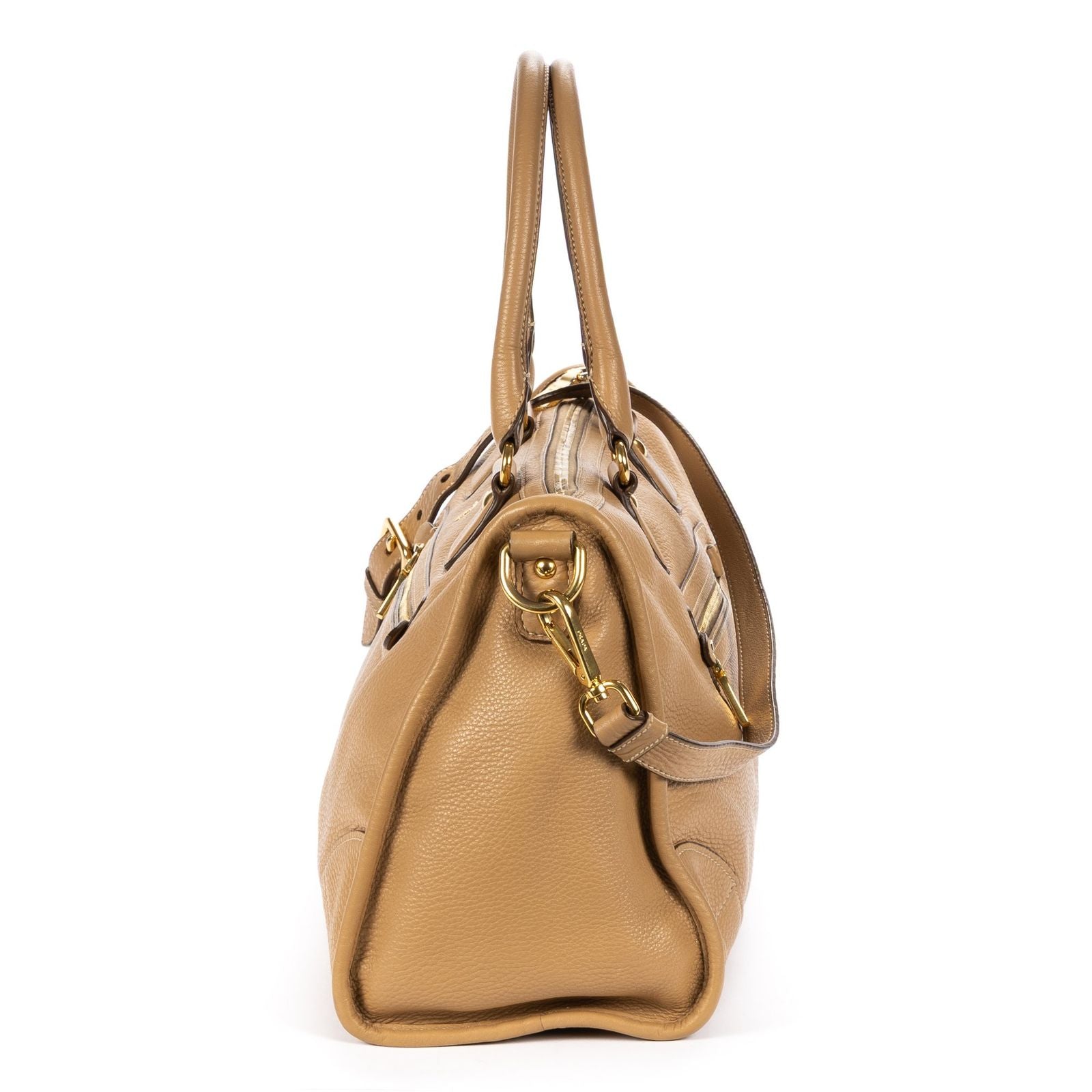 Prada Medium Bauletto Boston Light Brown Vitello Phoenix Shoulder Bag — view 3