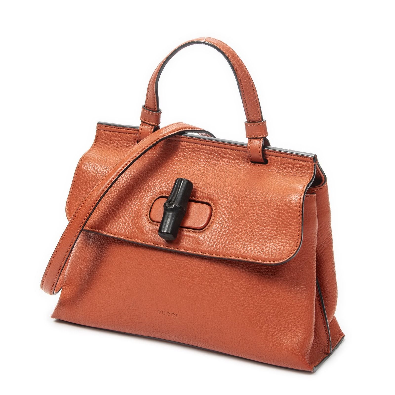 Gucci Small Bamboo Top Handle Flap Bag Orange Grain Calfskin Leather — view 2