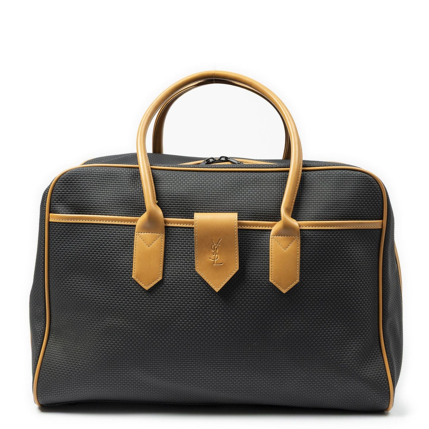Saint Laurent Vintage Medium Travel Boston Black Tan Canvas Handbag