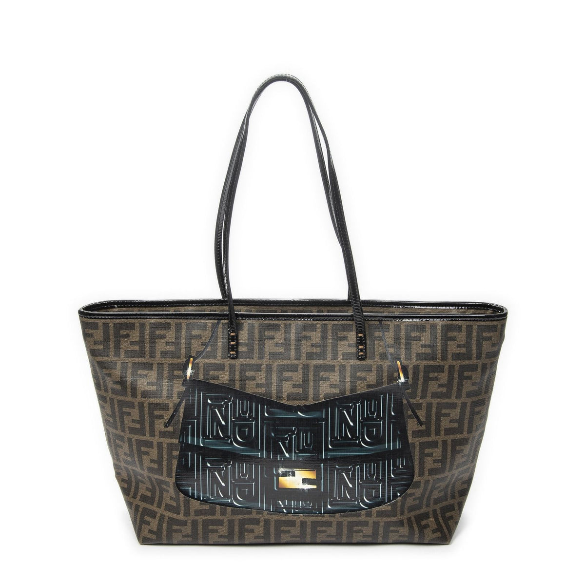 Fendi Roll Zip Tote Brown Black Resin Zucca Canvas
