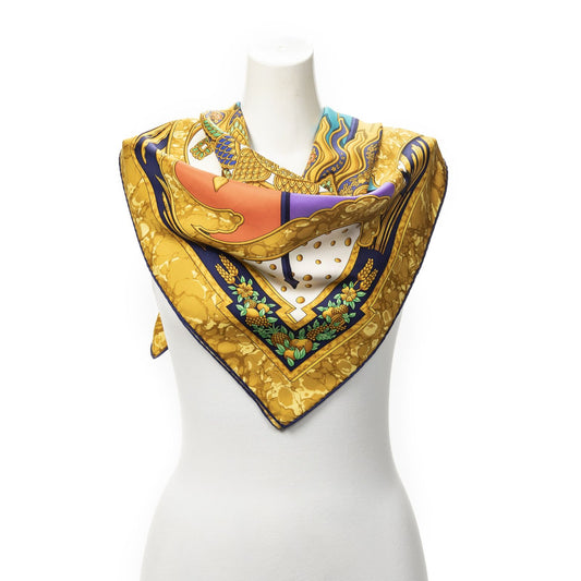 Hermes Scarf Navy Gold Red Twill Silk