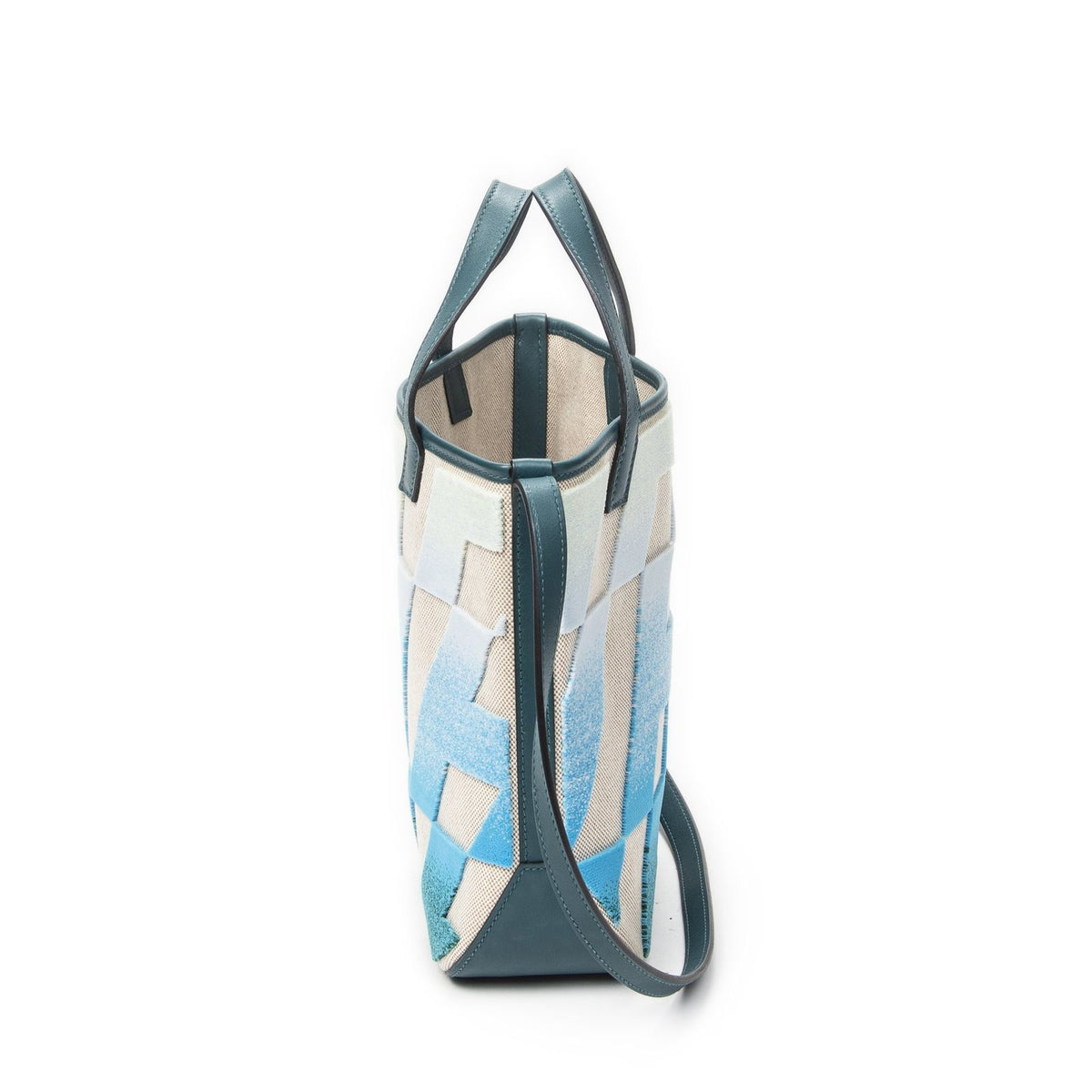 Hermes Cabas H en Biais Blue Izmir Beige Toile Shoulder Bag — view 3