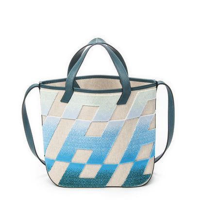 Hermes Cabas H en Biais Blue Izmir Beige Toile Shoulder Bag